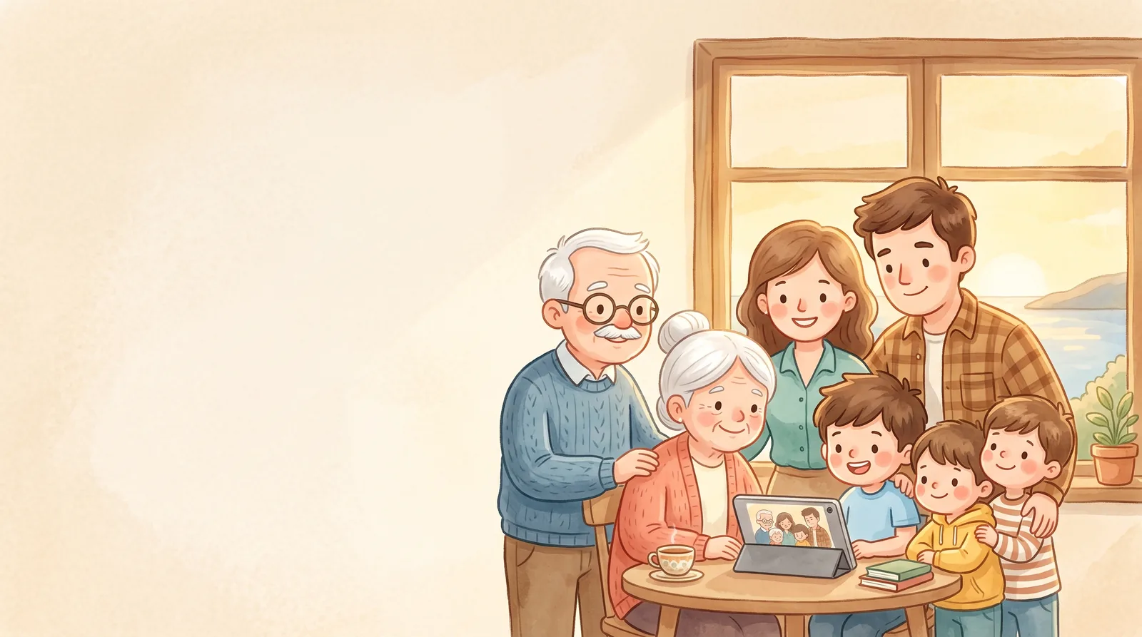 Abuelos, mamá, papá y dos niños, muy juntos, sonríen frente a una tablet en una sala cálida al atardecer.