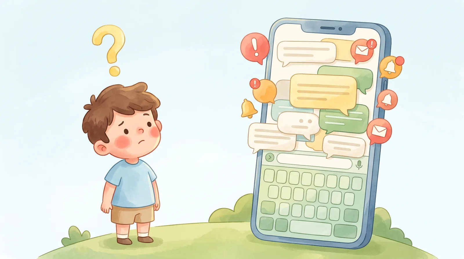 Un niño pequeño mira un celular lleno de teclado, mensajes y notificaciones, con cara de duda.