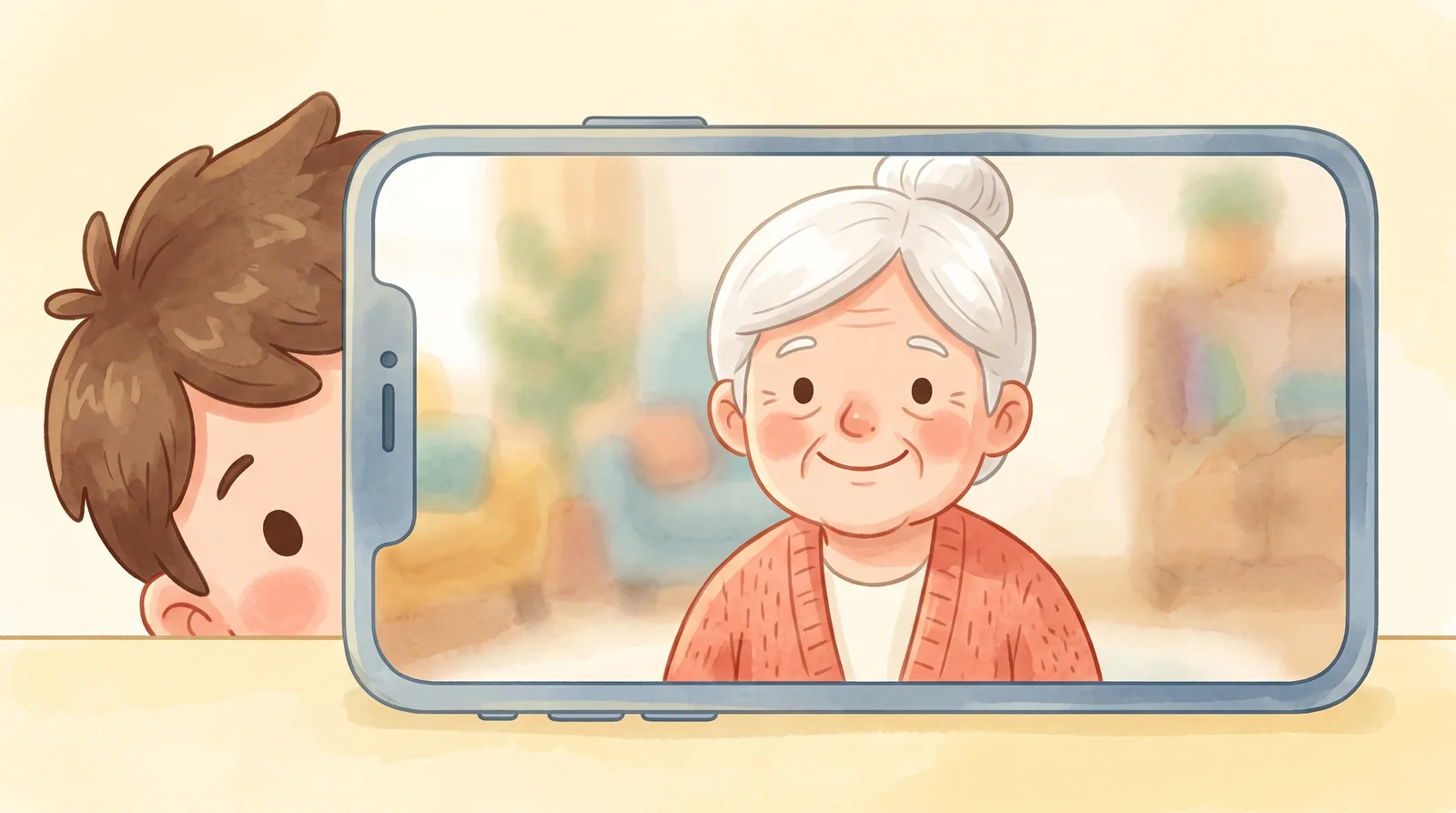 Un niño se asoma por el borde de la pantalla de un celular: no cabe entero. La abuela lo ve cortado.